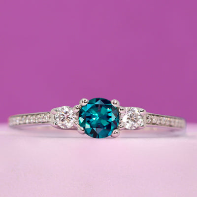 Callie - Round Brilliant Cut Lab-Grown Alexandrite Trilogy Engagement Ring - Made-to-Order