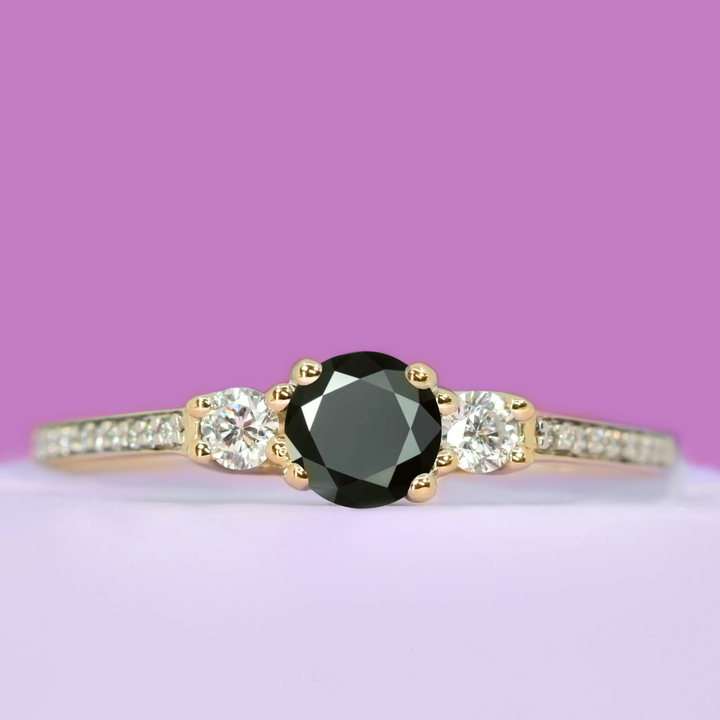 Callie - Round Cut Black Diamond Trilogy Diamond Set Shoulders Engagement Ring - Made-to-Order