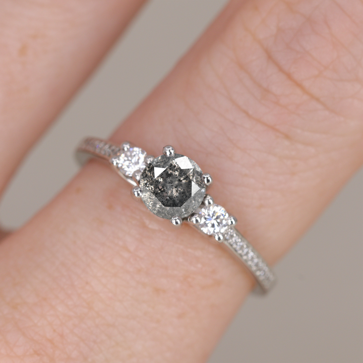 Round cut unique dark salt and pepper diamond trilogy engagement ring with pave band