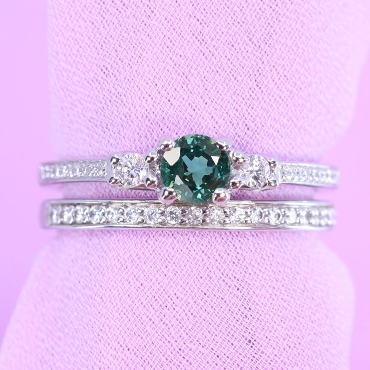 Callie & Valerie - Bridal Set - Teal Sapphire Trilogy Engagement Ring and Diamond Set Wedding Ring Engagement Rings - Made-to-Order
