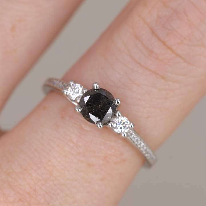 Callie - Round Brilliant Cut Salt and Pepper Diamond Trilogy Engagement Ring - Ready-to-Wear Engagement Rings - Ready-to-Ship