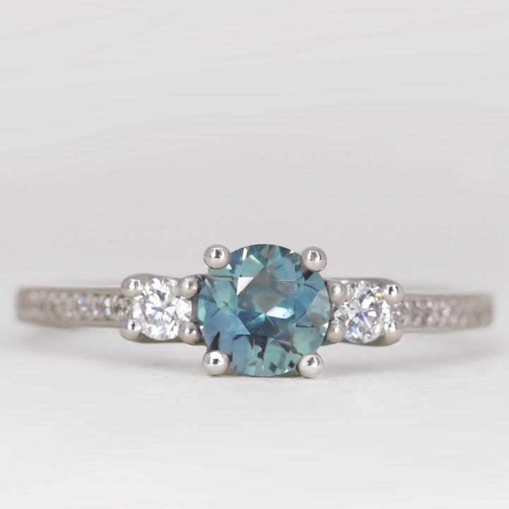 Callie - Round Brilliant Cut Teal Sapphire Delicate Trilogy Engagement Ring Engagement Rings - Made-to-Order