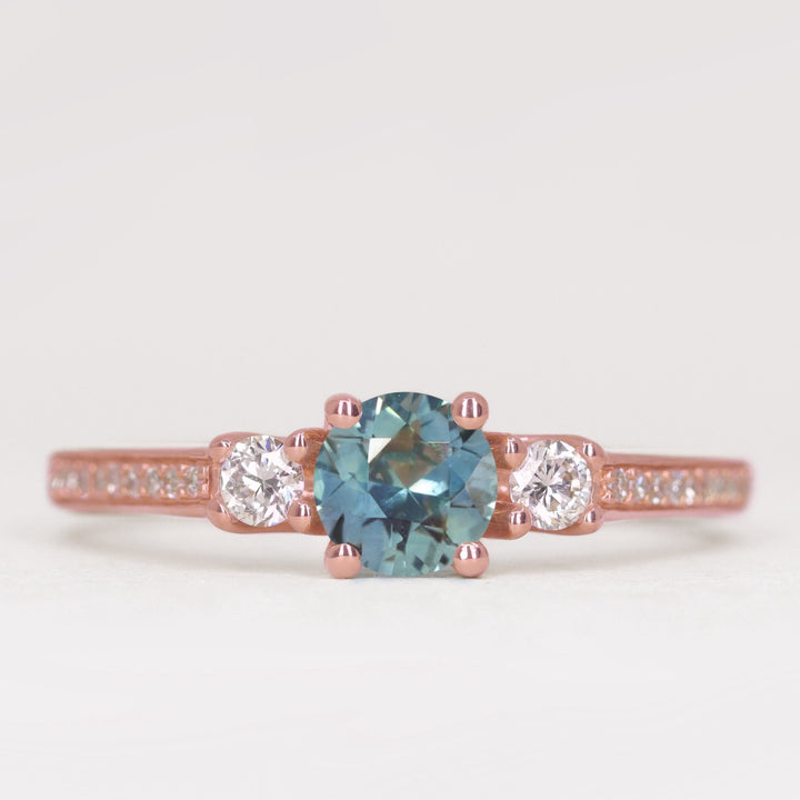 Callie - Round Brilliant Cut Teal Sapphire Delicate Trilogy Engagement Ring Engagement Rings - Made-to-Order
