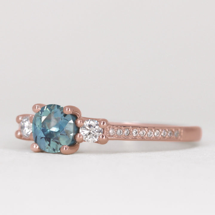 Callie - Round Brilliant Cut Teal Sapphire Delicate Trilogy Engagement Ring Engagement Rings - Made-to-Order