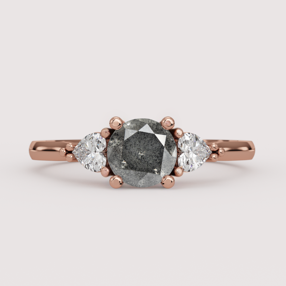 Caoimhe - Round Salt &amp; Pepper Diamond &amp; Heart Shaped Lab Grown Diamond Custom Trilogy Engagement Ring