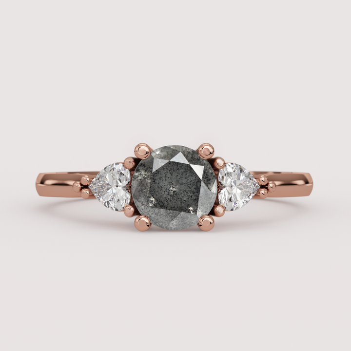 Caoimhe - Round Salt &amp; Pepper Diamond &amp; Heart Shaped Lab Grown Diamond Custom Trilogy Engagement Ring