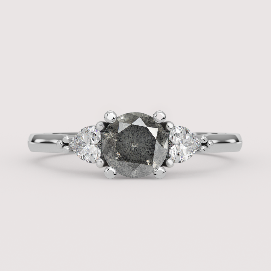 Caoimhe - Round Salt &amp; Pepper Diamond &amp; Heart Shaped Lab Grown Diamond Custom Trilogy Engagement Ring