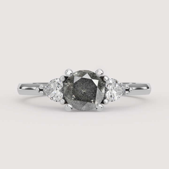 Caoimhe - Round Salt &amp; Pepper Diamond &amp; Heart Shaped Lab Grown Diamond Custom Trilogy Engagement Ring