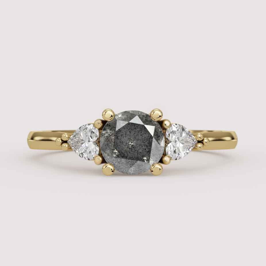Caoimhe - Round Salt &amp; Pepper Diamond &amp; Heart Shaped Lab Grown Diamond Custom Trilogy Engagement Ring