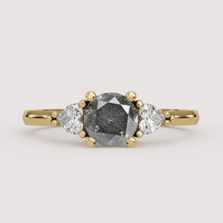 Caoimhe - Round Salt &amp; Pepper Diamond &amp; Heart Shaped Lab Grown Diamond Custom Trilogy Engagement Ring