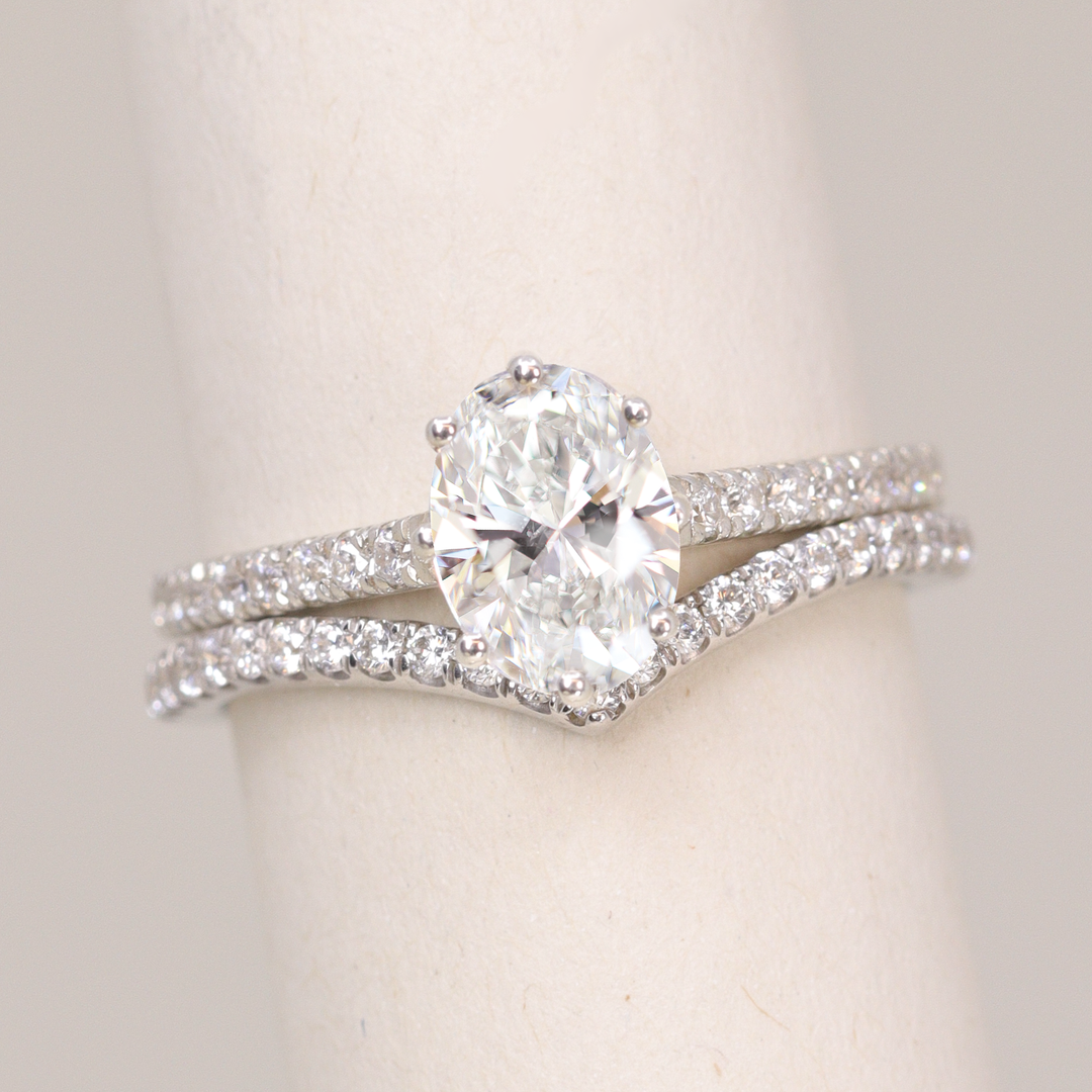 Bridal Set - Carmen & Ellis - Oval Lab Grown Diamond Solitaire Diamond Band Engagement Ring and Diamond Wishbone Wedding Ring Bridal Sets