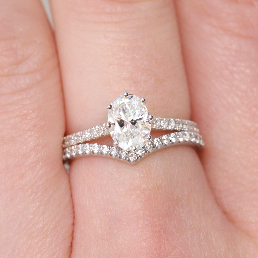 Bridal Set - Carmen & Ellis - Oval Lab Grown Diamond Solitaire Diamond Band Engagement Ring and Diamond Wishbone Wedding Ring Bridal Sets