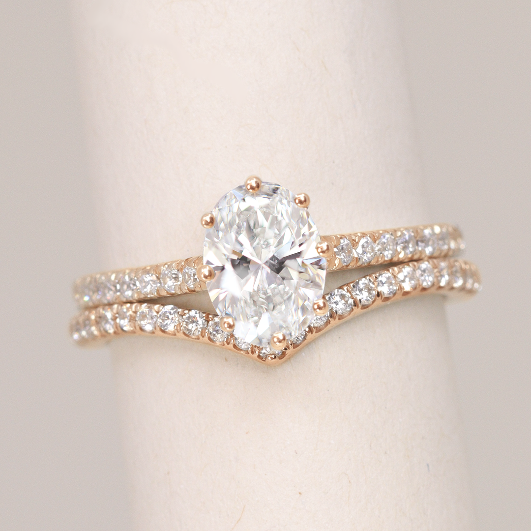 Bridal Set - Carmen & Ellis - Oval Lab Grown Diamond Solitaire Engagement Ring with Pavé Band and Diamond Wishbone Wedding Ring Bridal Sets