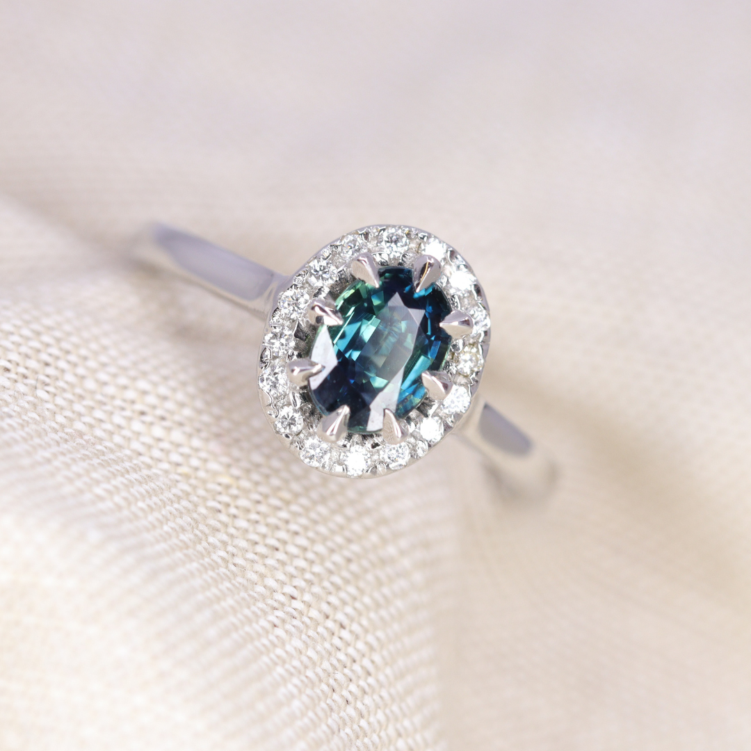 Charlotte - Oval Teal Sapphire Halo Engagement Ring - Ready-to-Wear Engagement Rings - Ready-to-Ship