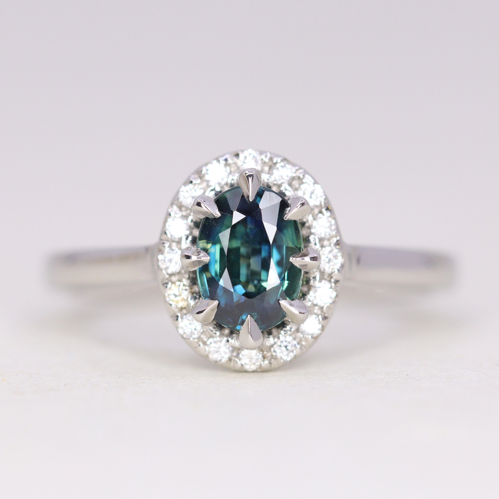 Charlotte - Oval Teal Sapphire Halo Engagement Ring - Ready-to-Wear Engagement Rings - Ready-to-Ship