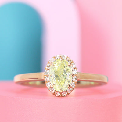 Charlotte - Oval Cut Yellow Diamond Ring with Hugging Halo - Made-to-Order