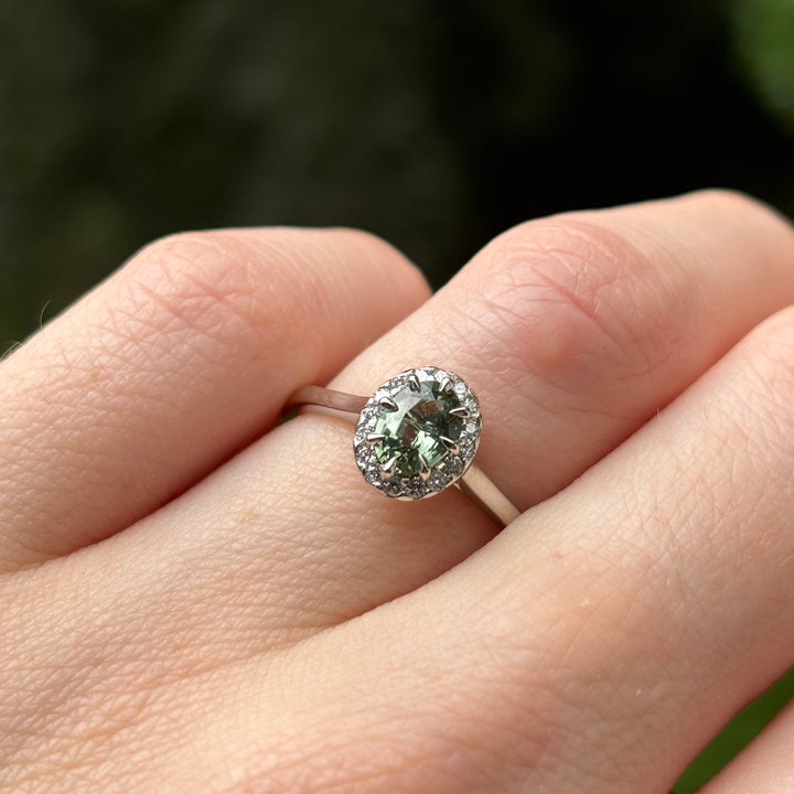 Charlotte - Oval Cut Green Teal Sapphire Hugging Halo Engagement Ring Engagement Rings - Price On Application