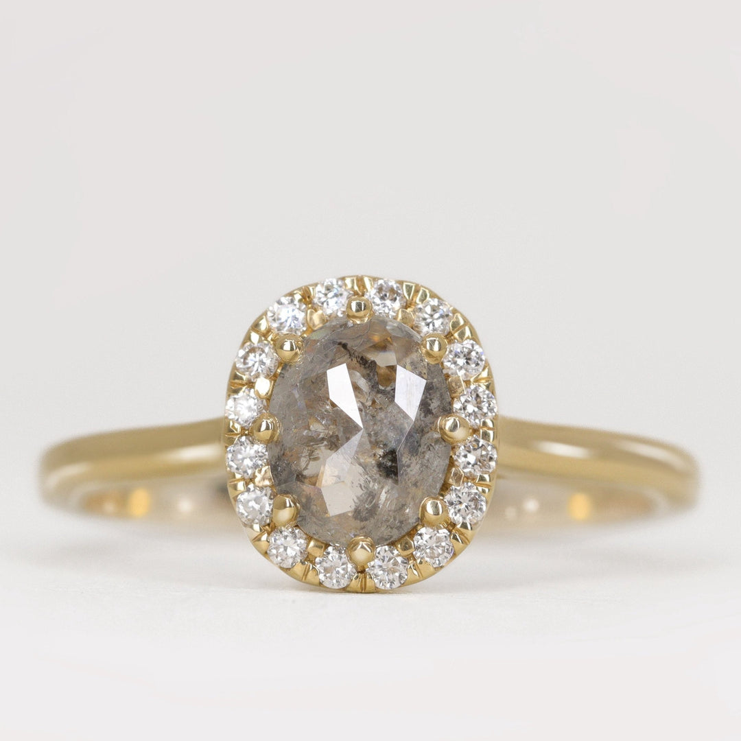 Charlotte - Oval Cut Salt and Pepper Diamond Hugging Halo Engagement Ring - Ready to Wear Engagement Rings - Ready-to-Ship