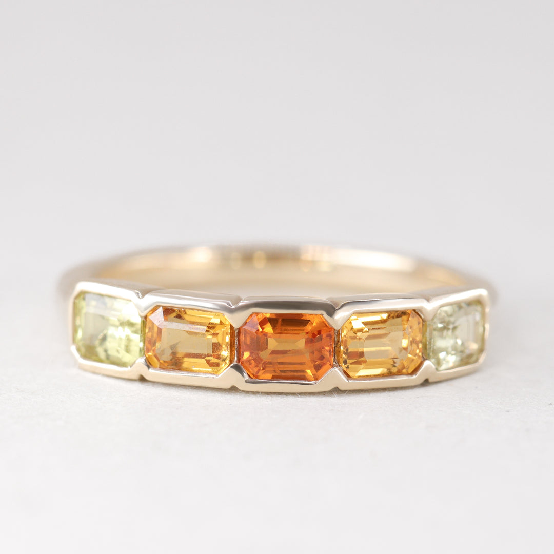 Clementine - Emerald Cut Orange and Yellow Sapphire 5 Stone Yellow Gold Ring - Ready-to-Wear Wedding Rings - Ready-to-Ship
