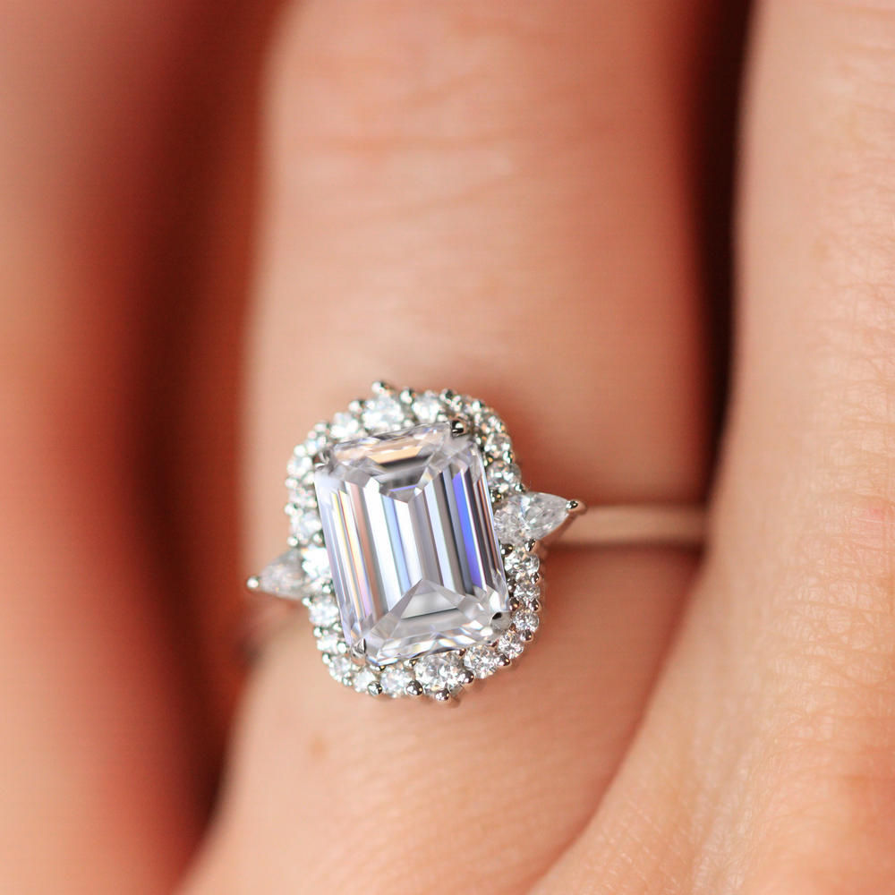 Cordelia - Emerald Cut Lab Grown Diamond Graduated Halo Engagement Ring Engagement Rings - Made-to-Order
