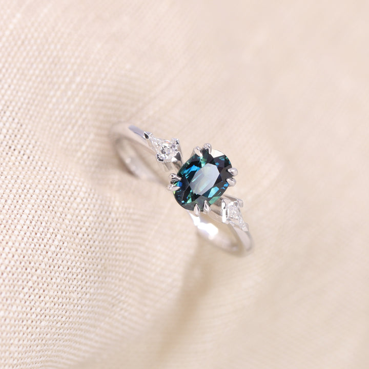 Dahlia - Oval Cut Teal Sapphire Trilogy Made-to-Order Engagement Ring Engagement Rings - Made-to-Order
