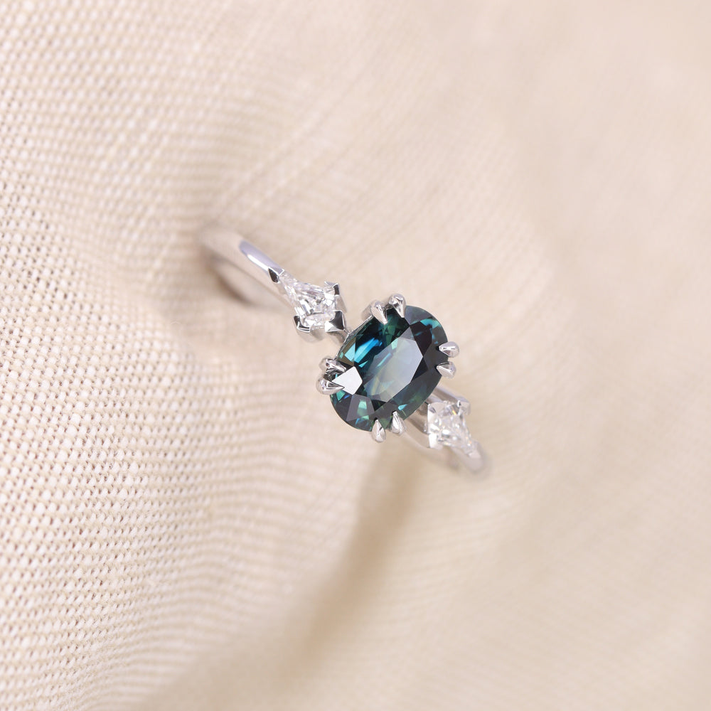 Dahlia - Oval Cut Teal Sapphire Trilogy Made-to-Order Engagement Ring Engagement Rings - Made-to-Order