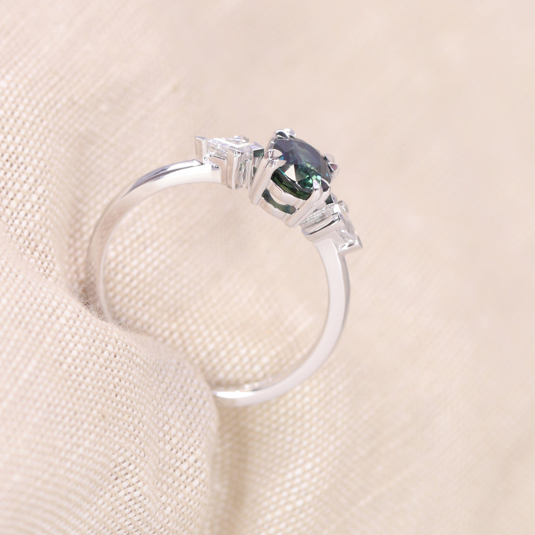 Dahlia - Oval Cut Teal Sapphire Trilogy Made-to-Order Engagement Ring Engagement Rings - Made-to-Order