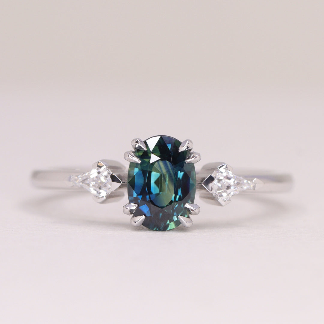Dahlia - Oval Cut Teal Sapphire Trilogy Made-to-Order Engagement Ring Engagement Rings - Made-to-Order