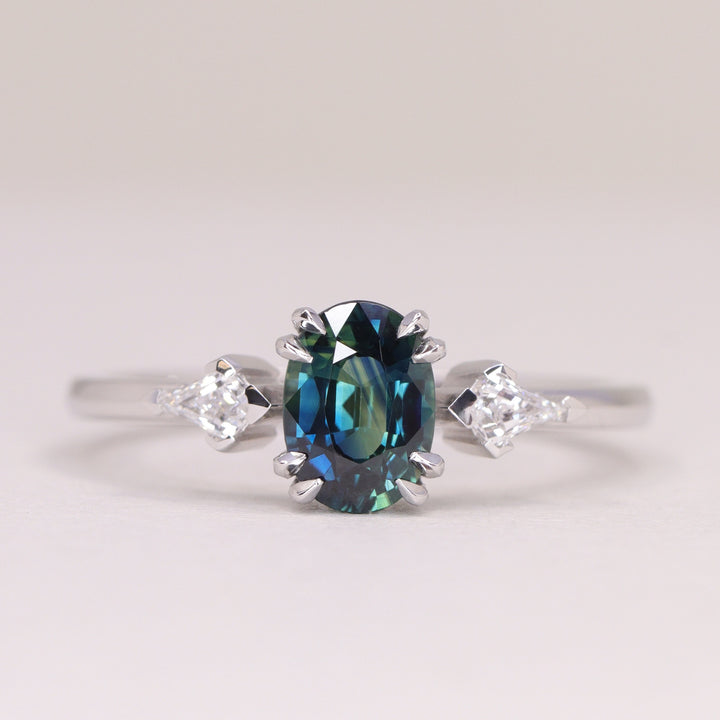 Dahlia - Oval Cut Teal Sapphire Trilogy Made-to-Order Engagement Ring Engagement Rings - Made-to-Order