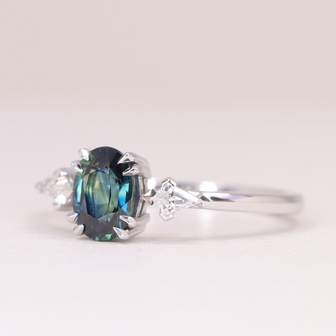 Dahlia - Oval Cut Teal Sapphire Trilogy Made-to-Order Engagement Ring Engagement Rings - Made-to-Order