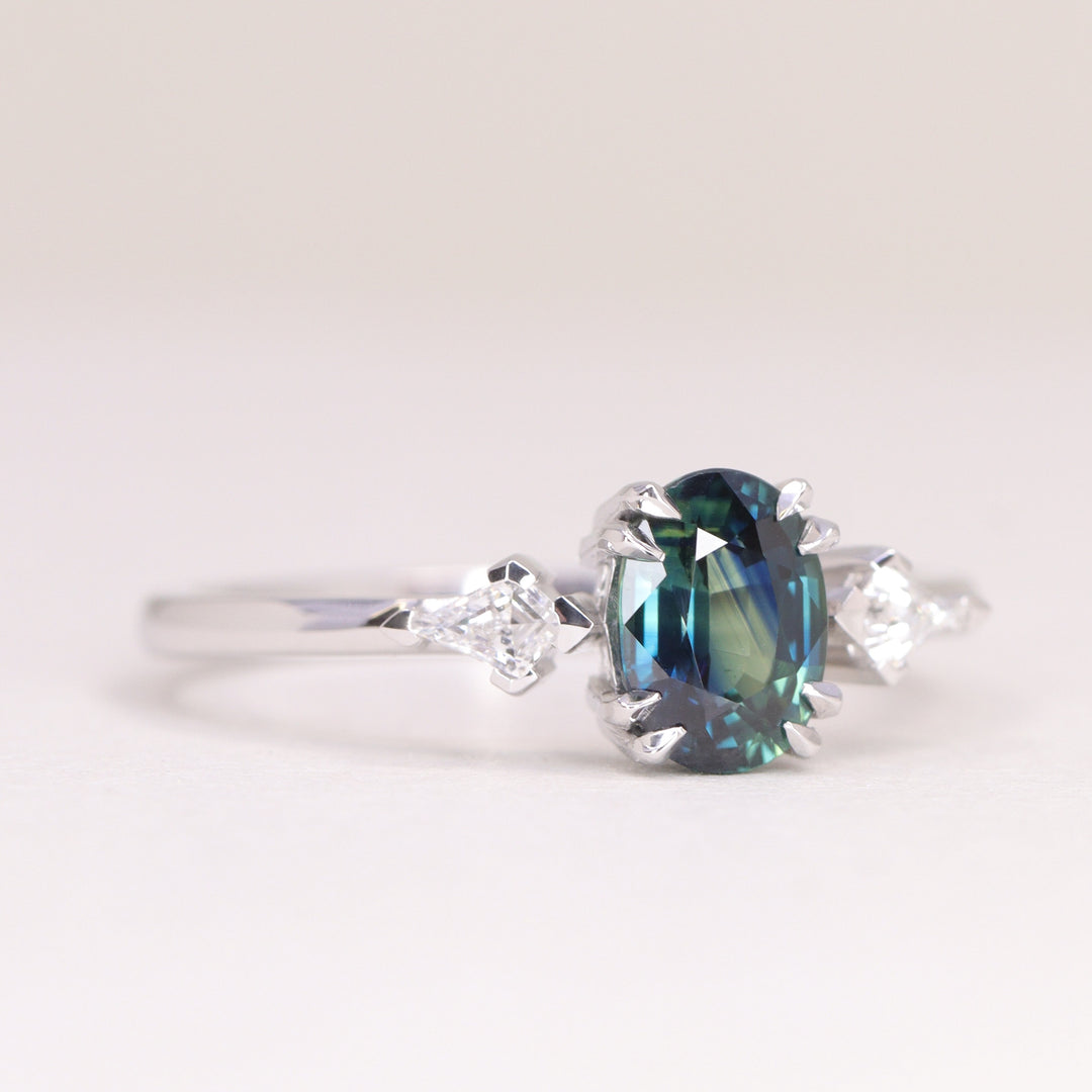 Dahlia - Oval Cut Teal Sapphire Trilogy Made-to-Order Engagement Ring Engagement Rings - Made-to-Order