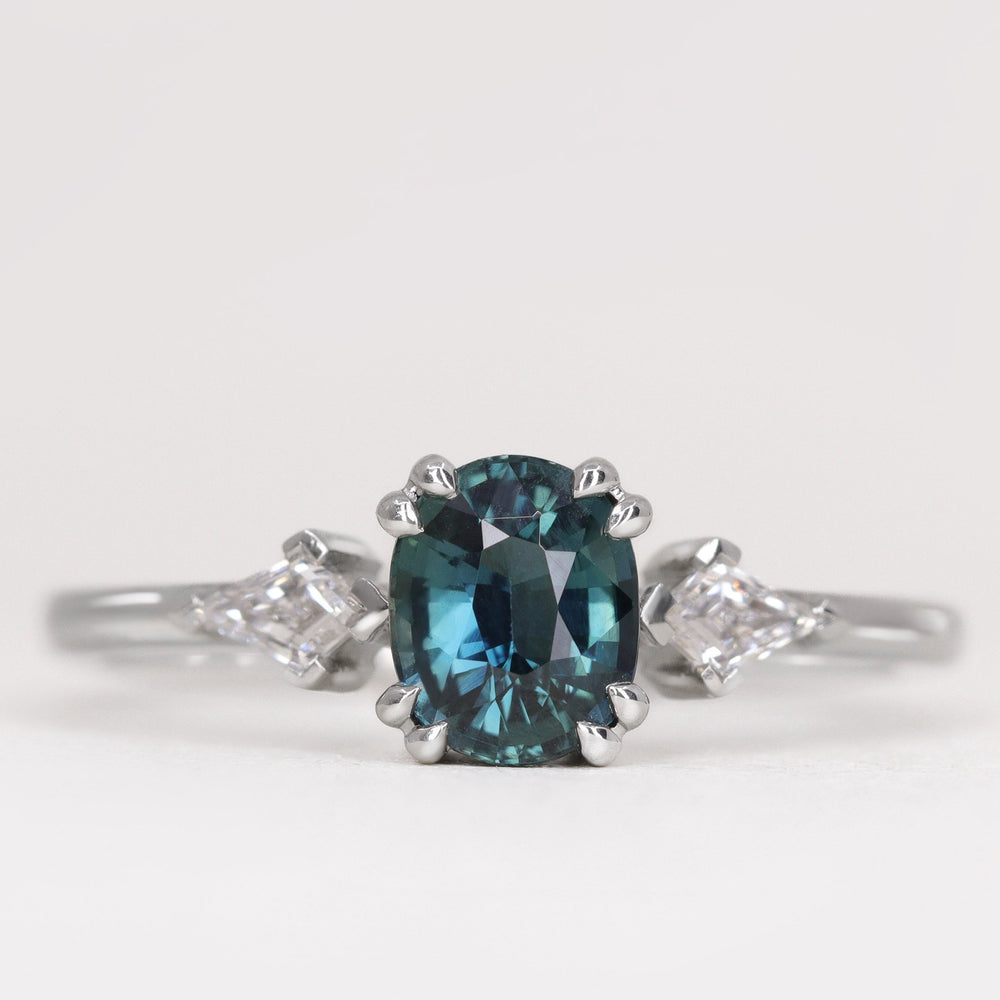 Dahlia - Oval Cut Teal Sapphire Trilogy Engagement Ring Engagement Rings - Price On Application