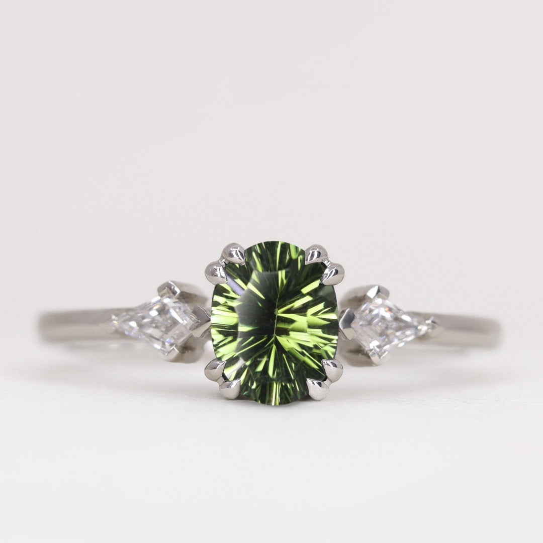 Dahlia - Oval Optix Cut Green Tourmaline Trilogy Engagement Ring Engagement Rings - Made-to-Order