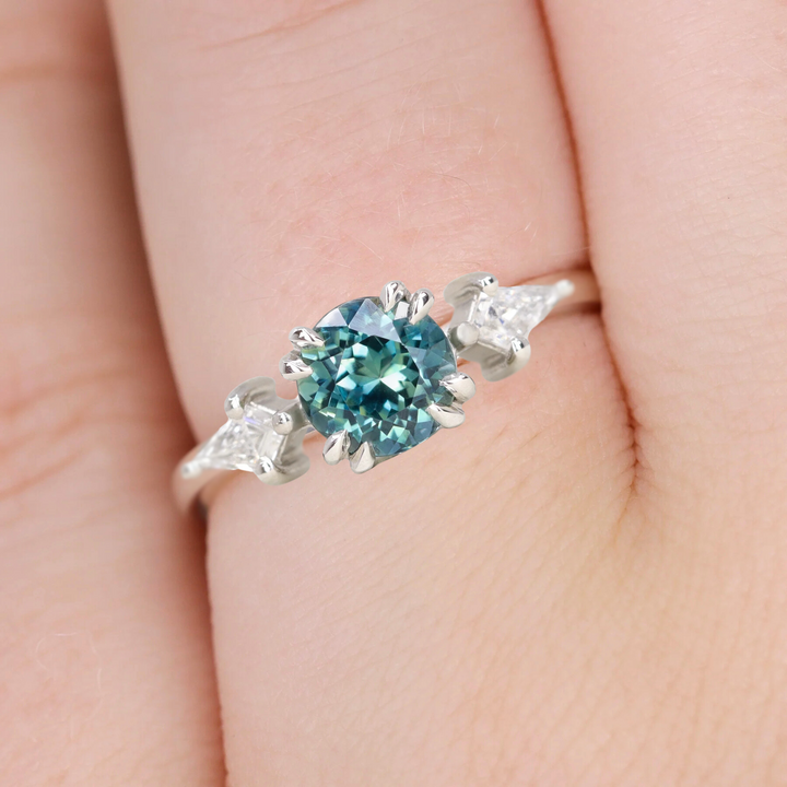 Dahlia - Teal Sapphire and Kite Cut Diamonds Trilogy Engagement Ring