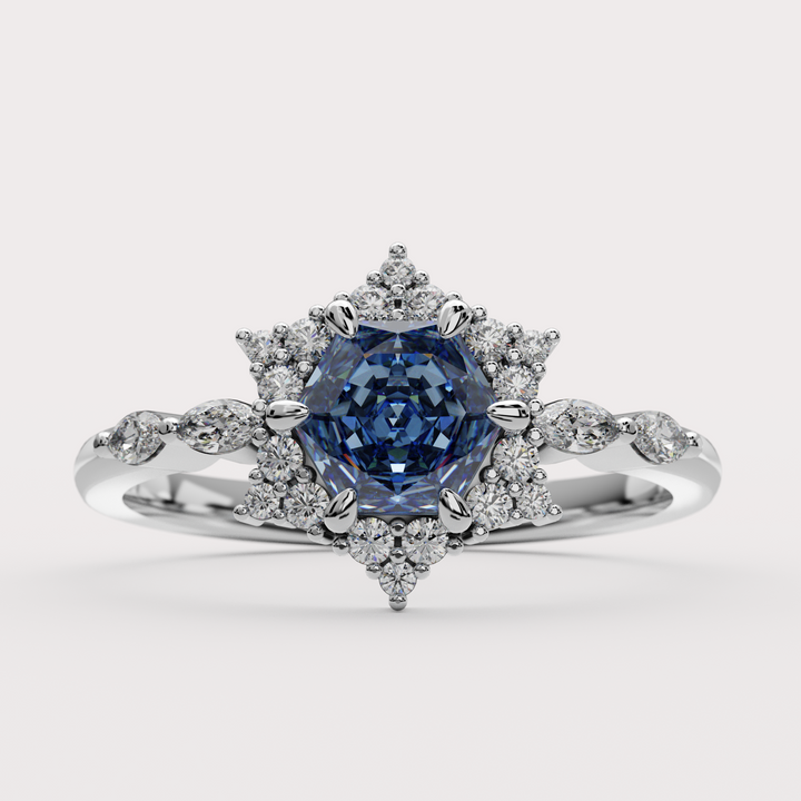 Daisy - Hexagon Blue Moissanite Halo Custom Engagement Ring Engagement Rings - Price On Application