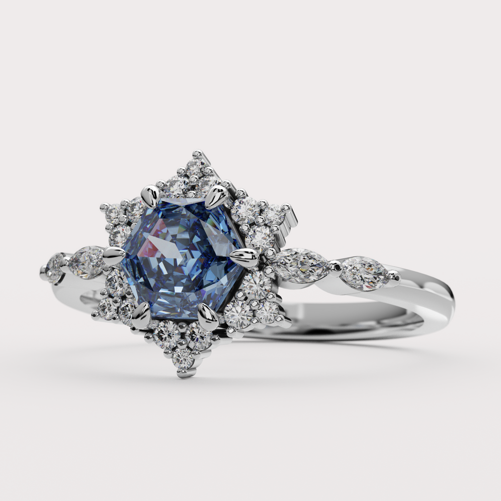 Daisy - Hexagon Blue Moissanite Halo Custom Engagement Ring Engagement Rings - Price On Application
