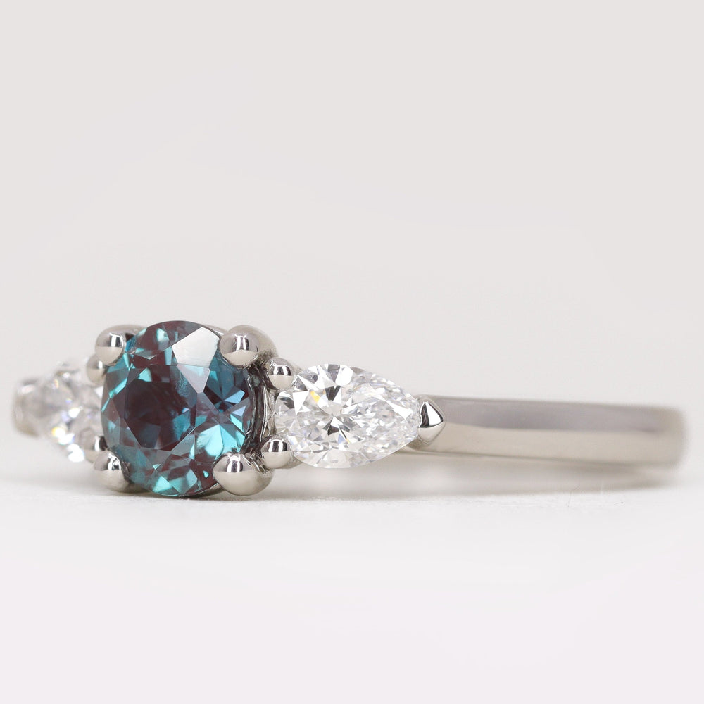 Daphne - Round Lab Grown Alexandrite and Pear Diamond Trilogy Engagement Ring Engagement Rings - Made-to-Order