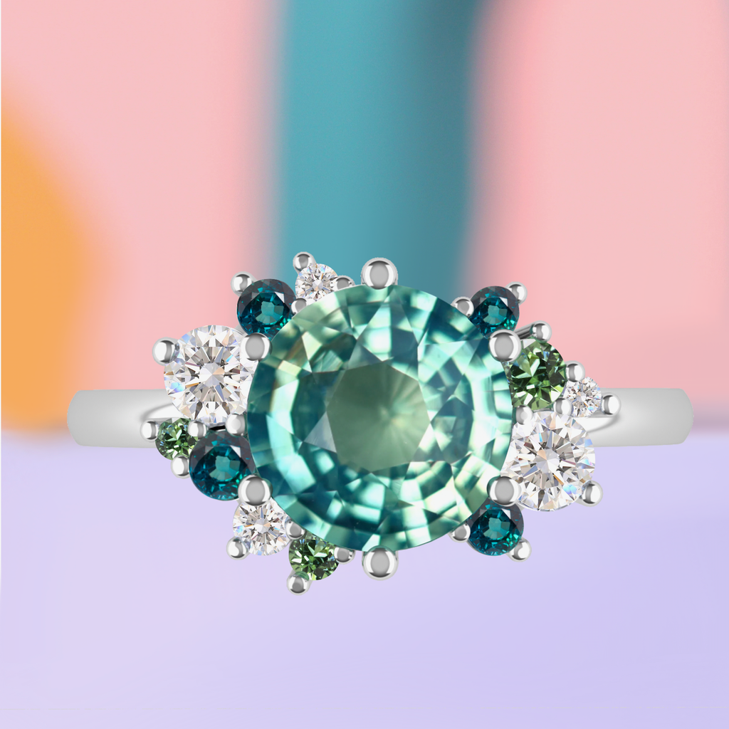 Alison - The Taylor Collection - Round Brilliant Cut Green Sapphire Asymmetric Sapphire and Lab Grown Diamond Cluster Ring - Made-to-Order