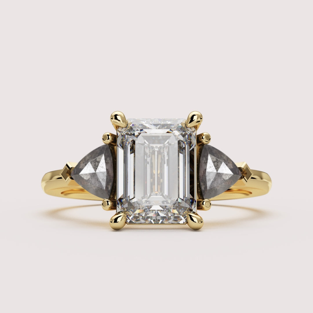 Delphine - Emerald Cut Lab Grown Diamond and Salt & Pepper Diamond Trilogy Made-to-Order Engagement Ring Engagement Rings - Made-to-Order