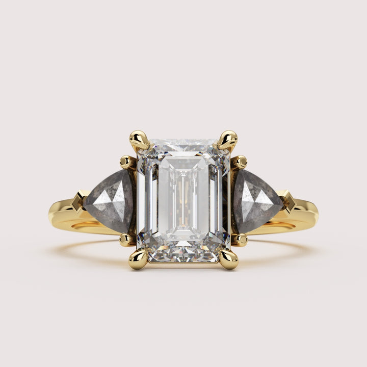 Delphine - Emerald Cut Lab Grown Diamond and Salt & Pepper Diamond Trilogy Made-to-Order Engagement Ring Engagement Rings - Made-to-Order