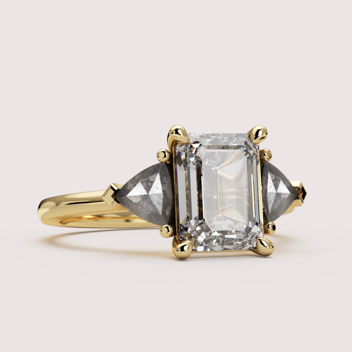 Delphine - Emerald Cut Lab Grown Diamond and Salt & Pepper Diamond Trilogy Made-to-Order Engagement Ring Engagement Rings - Made-to-Order
