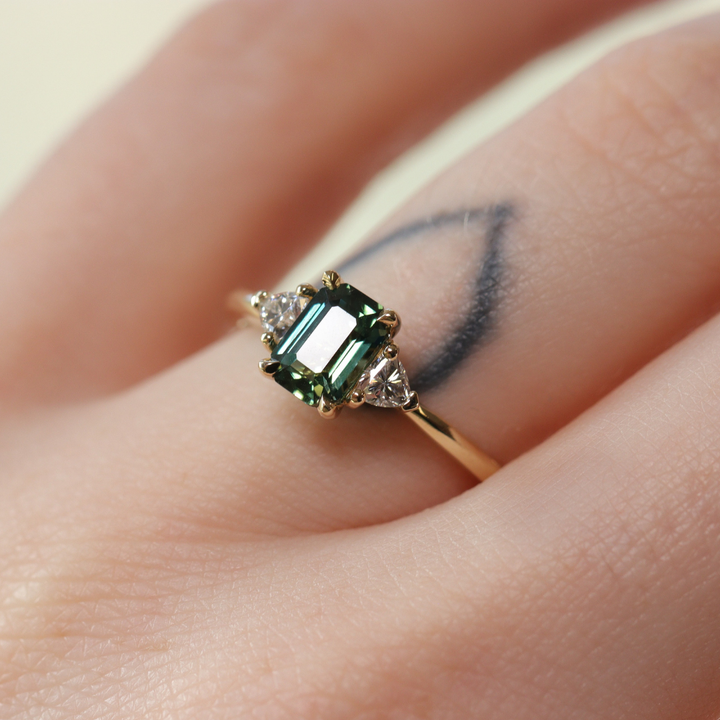 Delphine - Emerald Cut Teal Sapphire Trilogy Engagement Ring - Ready-to-Wear