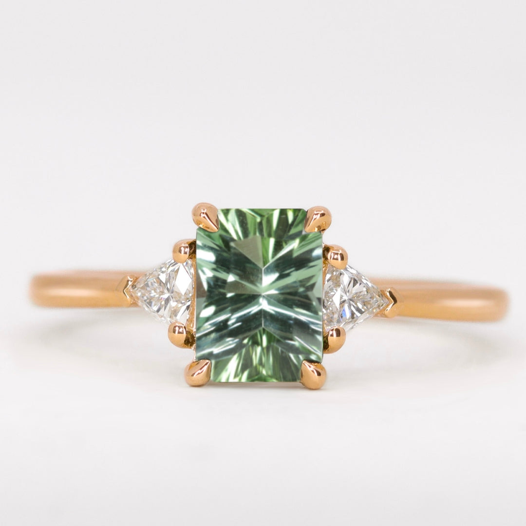 Delphine - Optix Emerald Cut Green Tourmaline Trilogy Made-to-Order Engagement Ring Engagement Rings - Made-to-Order