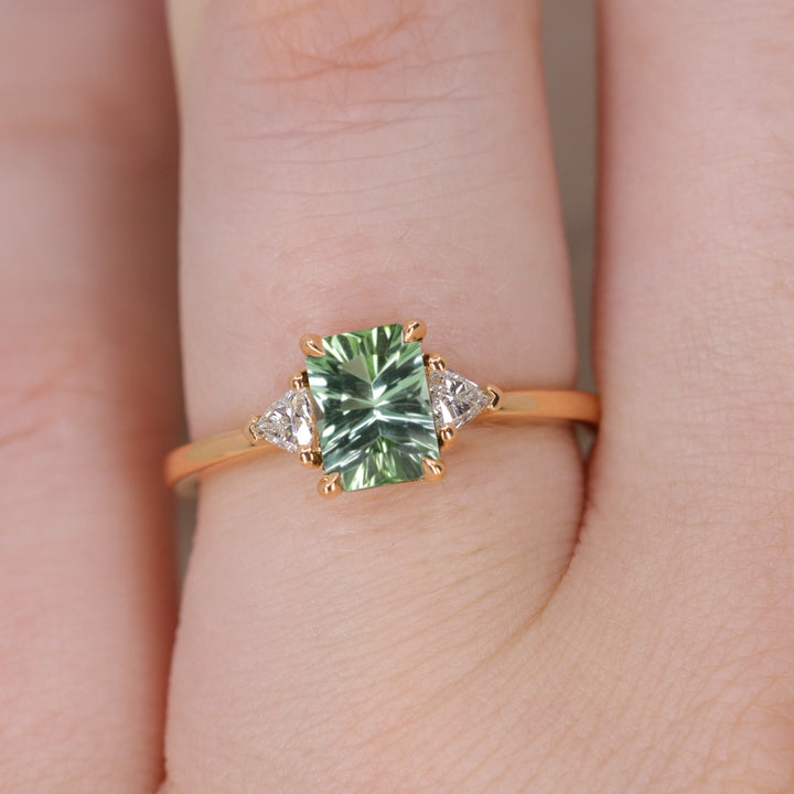 Delphine - Optix Emerald Cut Green Tourmaline Trilogy Made-to-Order Engagement Ring Engagement Rings - Made-to-Order