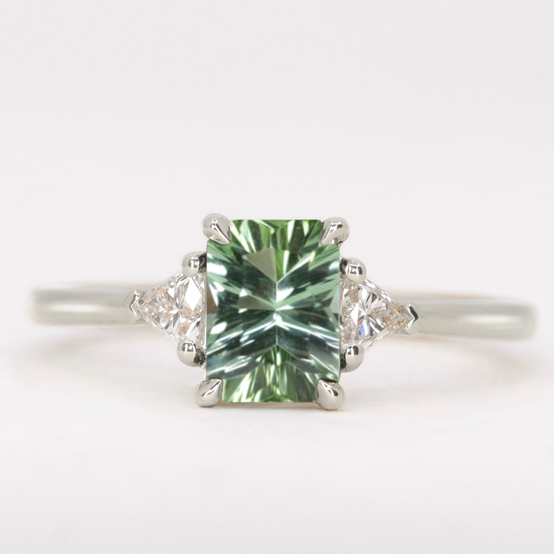 Delphine - Optix Emerald Cut Green Tourmaline Trilogy Made-to-Order Engagement Ring Engagement Rings - Made-to-Order