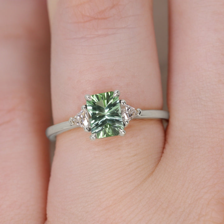 Delphine - Optix Emerald Cut Green Tourmaline Trilogy Made-to-Order Engagement Ring Engagement Rings - Made-to-Order