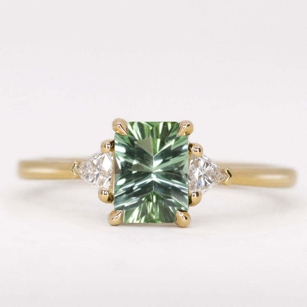 Delphine - Optix Emerald Cut Green Tourmaline Trilogy Made-to-Order Engagement Ring Engagement Rings - Made-to-Order