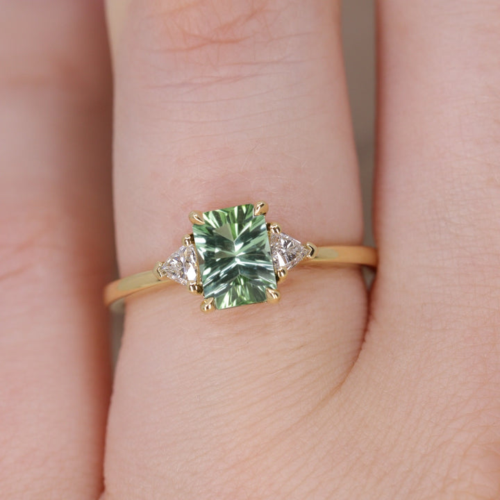 Delphine - Optix Emerald Cut Green Tourmaline Trilogy Made-to-Order Engagement Ring Engagement Rings - Made-to-Order
