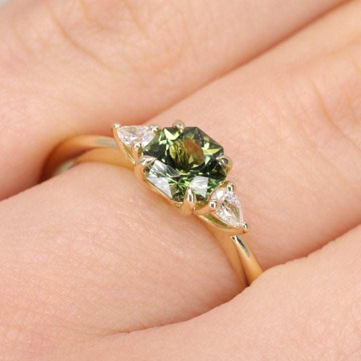 Elspeth - Green Fancy Cut Octagon Tourmaline Trilogy Engagement Ring - Ready-to-Wear