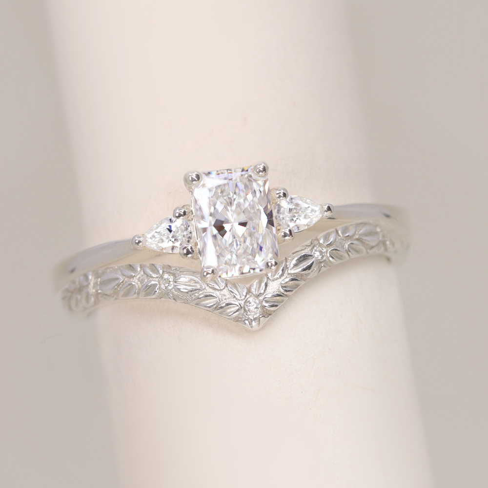 Bridal Set - Elspeth & Bethan - Radiant Cut Lab Grown Diamond Trilogy Engagement Ring and Floral Diamond Wishbone Wedding Ring Bridal Sets